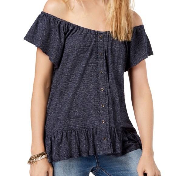 Lucky Brand Tops - Lucky Brand Women S Navy Blue Short Sleeve Elastic Neckline On/Off Shoulder Top